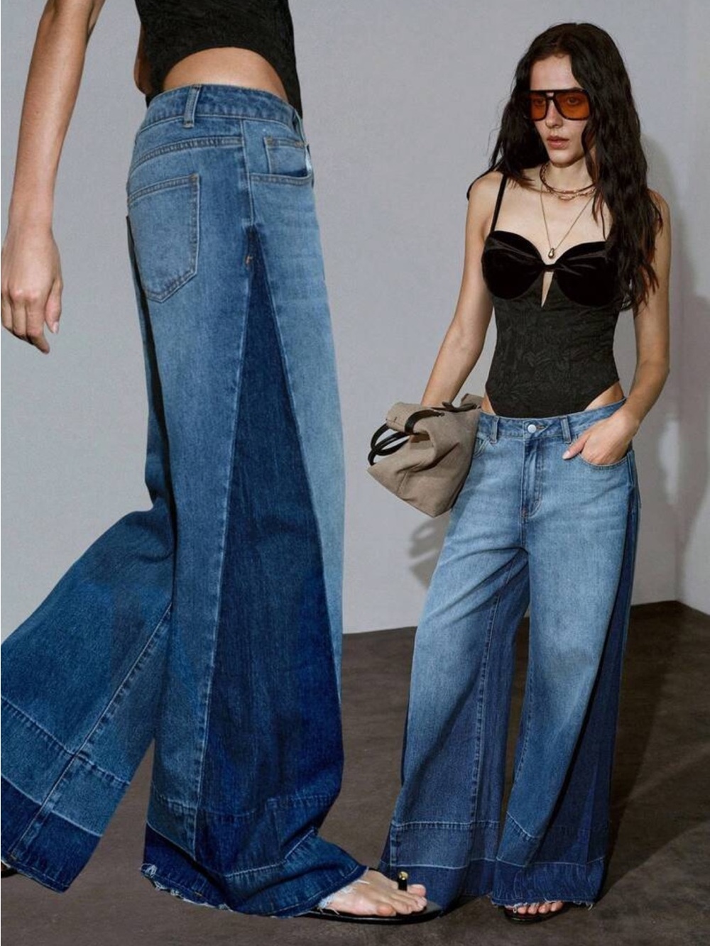 MOTF Wide Leg Two-Tone Blue Contrast Color Side for Women's Jeans Pant Denim